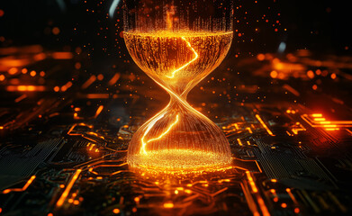 A glowing hourglass on a circuit board, symbolizing time, technology, and the fast-paced digital world.