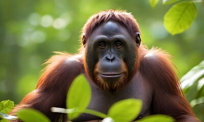 Portrait of a cute orangutan. Close-up of an orangutan relaxing against a blooming jungle backdrop