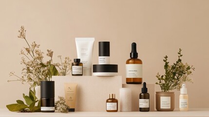 Aesthetic arrangement of organic skincare products on minimalist background for natural beauty enthusiasts
