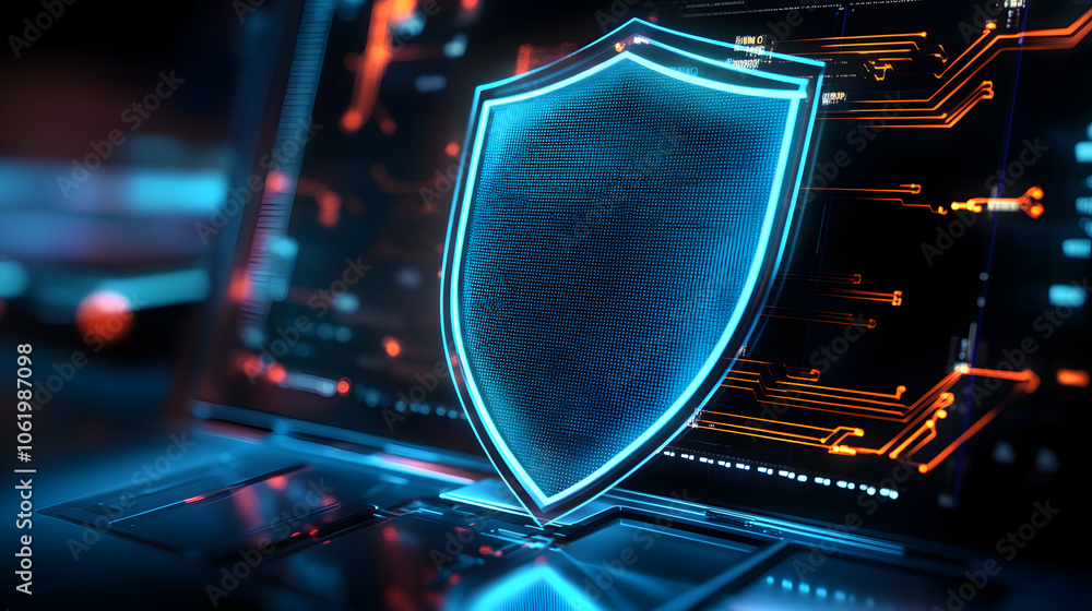Poster digital shield icon representing cybersecurity protection on computer screen.