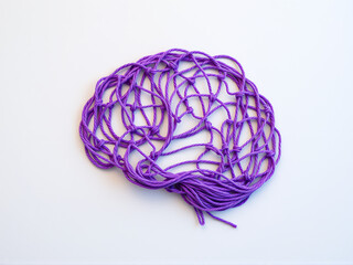 creative representation of a brain made from purple string on a plain white background,...