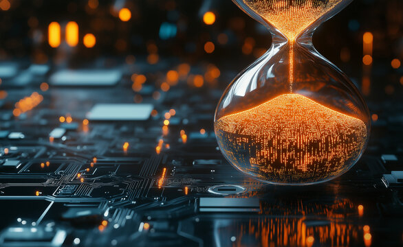 A glowing hourglass on a circuit board, symbolizing time, technology, and the fast-paced digital world.