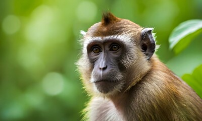 Portrait of a monkey. Close-up of a monkey resting against the backdrop of blooming nature