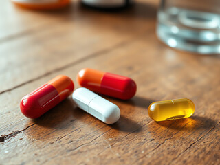 Pills and capsules scattered on a wooden table surface, showcasing various shapes and colors