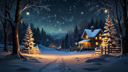 winter landscape with house and snow