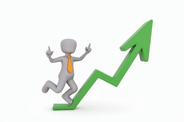 3d man red arrow success chart on white background.