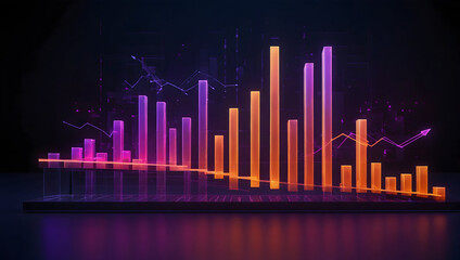Naklejka premium 3D bar chart with glowing ascending arrows, showcasing vibrant colors and dynamic data visualization. design emphasizes growth and trends in modern, digital style