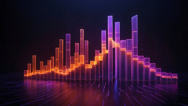 vibrant 3D bar chart with glowing ascending arrows showcases data trends in visually striking manner. colorful bars in shades of orange and purple create dynamic representation of growth and