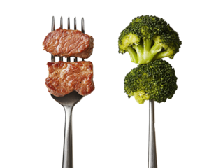 Forks with grilled meat and broccoli on a white background, representing a balanced diet.