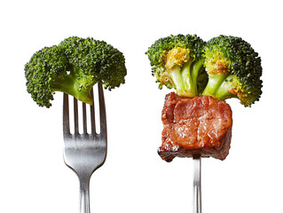 Forks with broccoli and grilled meat on a white background, symbolizing healthy eating habits.
