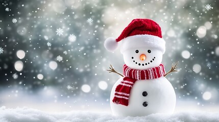 Cheerful Snowman with Santa Hat in a Snowfall Background : Generative AI