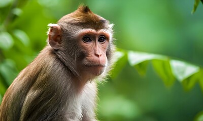 Portrait of a monkey. Close-up of a monkey resting against the backdrop of blooming nature