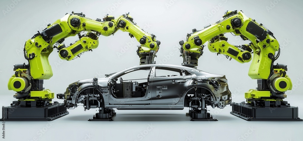 Poster two industrial robots are working on a car assembly line.