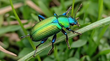 Naklejka premium Beetle climbing blade of grass, intense macro, focus on legs and texture, rich green tones, grounded resilience in nature
