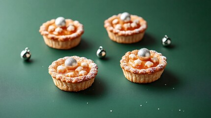 Mini mince pies with holiday decorations, isolated on a forest green background with tiny silver bells