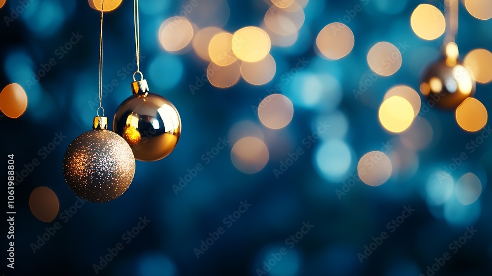 Poster sparkling gold christmas baubles with blue bokeh in the background : generative ai