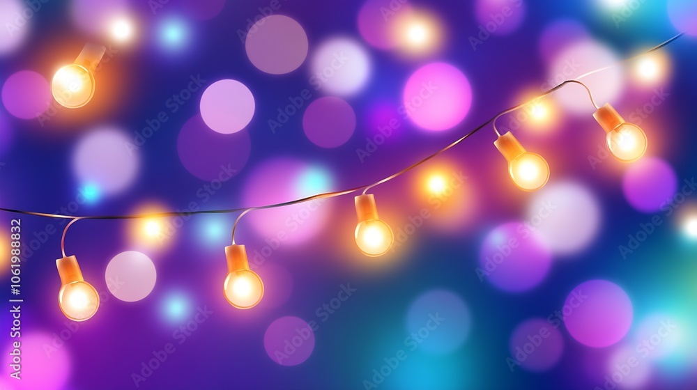 Fototapete festive string of lights with twinkling bokeh on colorful purple background : generative ai