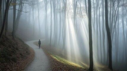 A person walking alone on a foggy forest path, with rays of light breaking through the trees, symbolizing the journey from darkness to hope