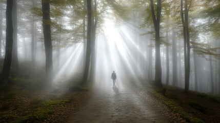 A person walking alone on a foggy forest path, with rays of light breaking through the trees, symbolizing the journey from darkness to hope