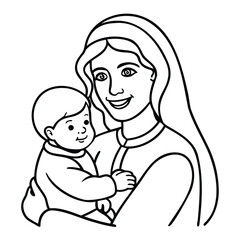Line Drawing of Smiling Mother Holding Baby