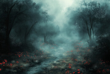 Path leading through dark foggy forest, mysterious ambience 
