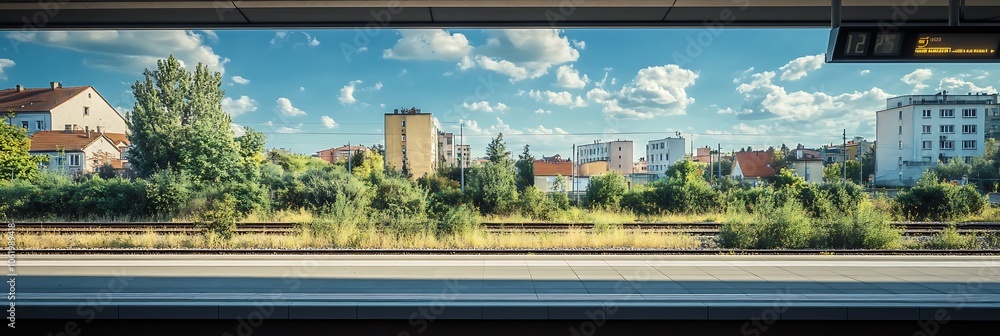 Poster scenic railway view of urban residential area with blue sky and clouds : generative ai