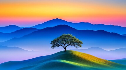 A lone tree on a misty hill, half in shadow and half bathed in dawn light, symbolizing resilience and new beginnings