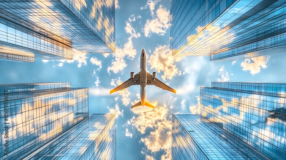 Poster dramatic aerial view of airplane flying over urban skyscrapers with reflective windows : generative 
