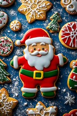 Obraz premium Festive Santa Shaped Christmas Cookies on Blue Background with Decorative Icing : Generative AI