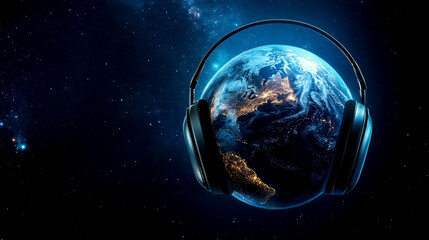 Earth with headphones against starry space background - world hearing day concept. International Day of the Deaf concept. Ear care concept. Horizontal banner. Copy space