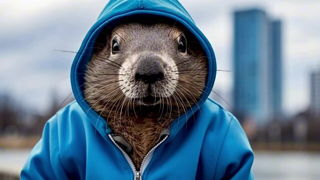 Sleepy Groundhog in Blue Hoodie Looks at Camera. Groundhog Day, Early Spring. Whimsical, Urban Style, Cool Tones