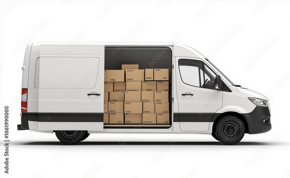 Poster a white delivery van with its side door open reveals a stack of cardboard boxes, emphasizing transpo