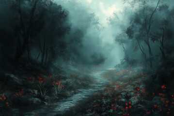 Path leading through dark foggy forest, mysterious ambience 