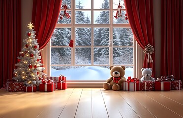 Fototapeta premium Cozy Christmas Living Room with Decorated Tree and Glittering Gifts Near Window : Generative AI