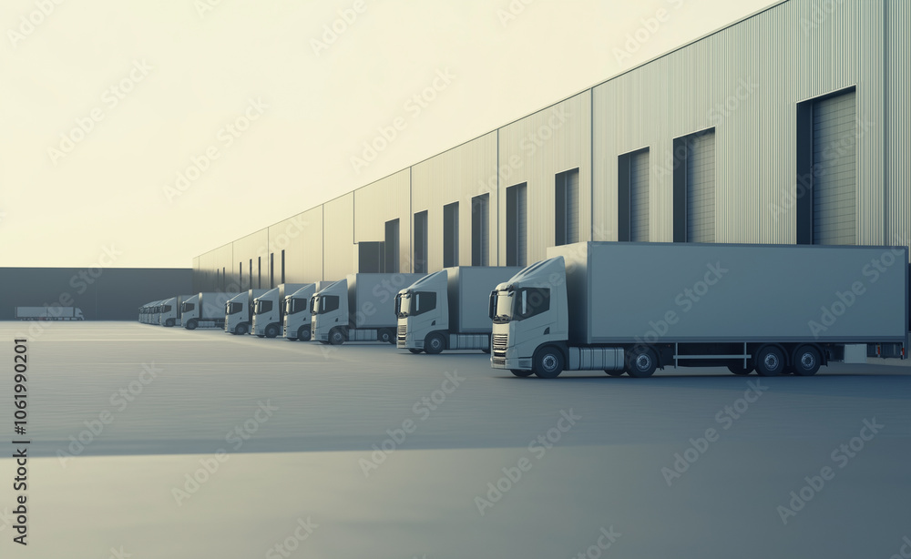 Poster multiple freight trucks are lined up at loading docks of a large warehouse, indicating logistics and