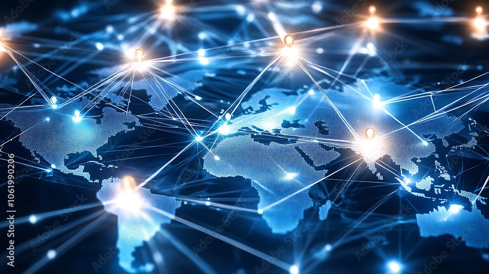 Poster Global Network Connectivity Concept with Glowing Nodes and World Map : Generative AI