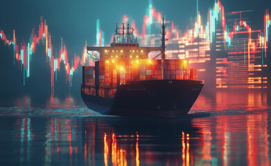 Obraz premium A cargo ship loaded with containers reflects on water, with stock market charts in the background, illustrating global trade.