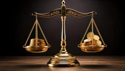 A golden balance scale holds coins on one side, representing wealth and justice in a dramatic, dark setting.