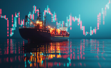 Obraz premium A cargo ship loaded with containers reflects on water, with stock market charts in the background, illustrating global trade.