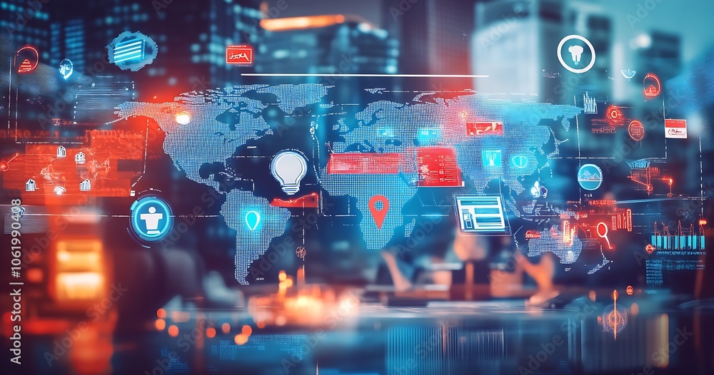 Poster Futuristic Digital Interface with World Map and Data Integration Icons in a Cityscape Environment : Generative AI