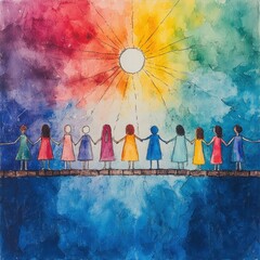 Bridge of Unity: Diverse People Holding Hands in Watercolor Painting Against Dreamy Background - Symbolizing Togetherness and Community - Stock Photo