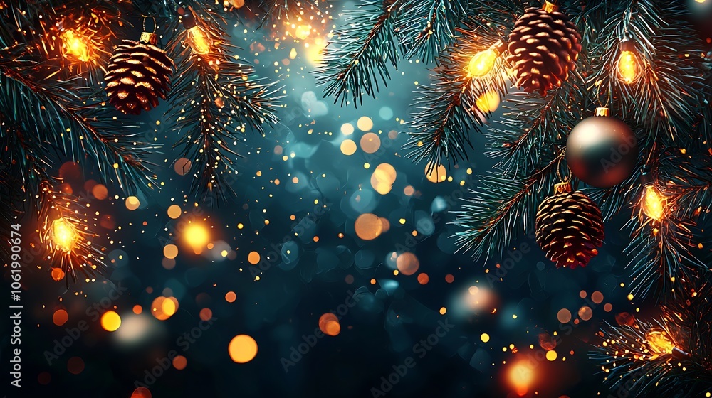 Poster magical festive season with twinkling lights on pine cone adorned evergreen branches : generative ai