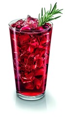 A stunning glass filled with a refreshing red beverage, elegantly decorated with cranberries and sprigs of rosemary, ideal for summer parties.