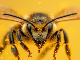 Naklejka premium Bumblebee closeup with pollen dust, intense detail on hairs and pollen particles, yellow and black contrast, soft background