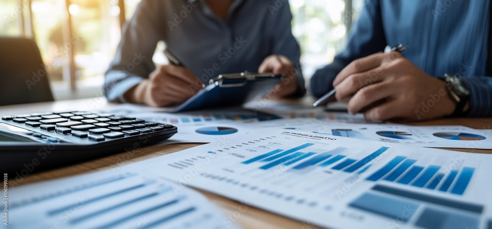Poster two people analyzing financial data at a desk with a calculator, graphs, and a clipboard.