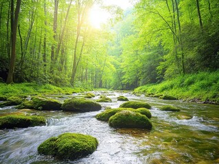 Obraz premium Mosscovered rocks by a forest stream, sunlight filtering through trees, representing photosynthesis and healthy ecosystem