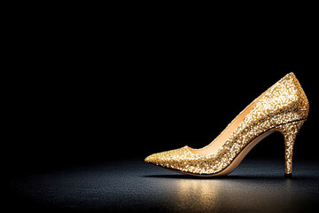 Obraz premium A gold shoe with glitter on it is shown on a black background