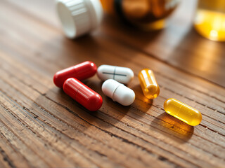 Various pills and capsules arranged on a wooden table, highlighting their diverse shapes and colors