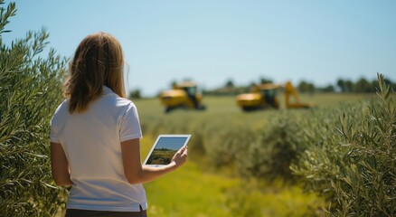 Male farmer with a tablet standing near a field with harvesters in the background, representing the modernization of agriculture and crop management through digital tools