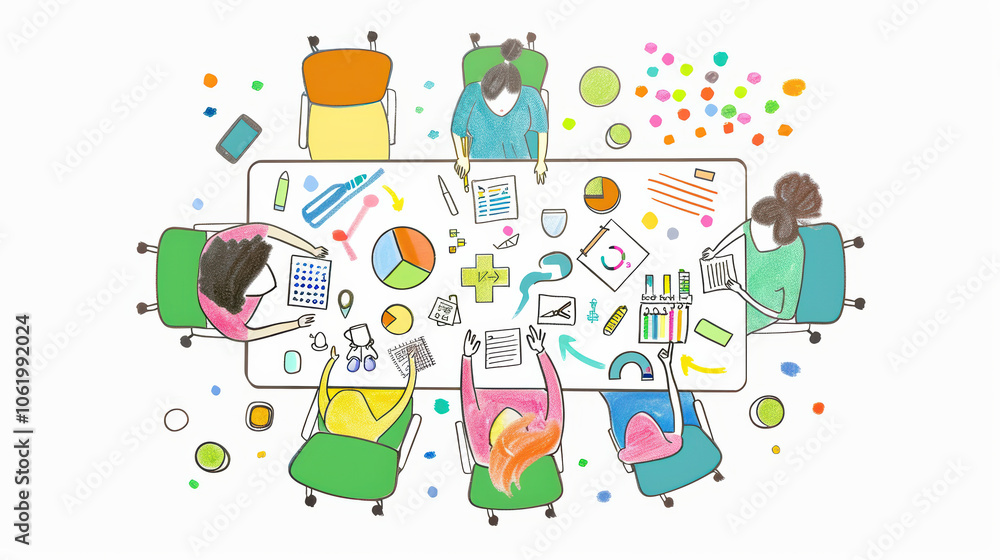 Aufkleber creative brainstorming session with diverse business team collaborating around colorful table filled